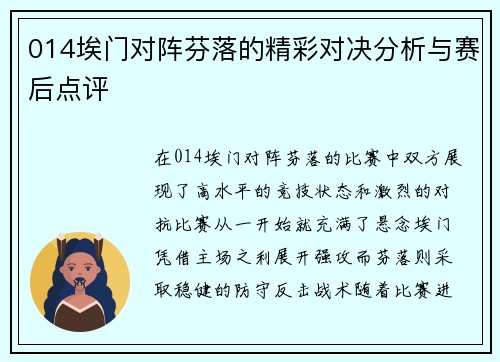 014埃门对阵芬落的精彩对决分析与赛后点评
