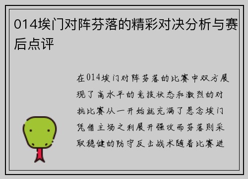 014埃门对阵芬落的精彩对决分析与赛后点评