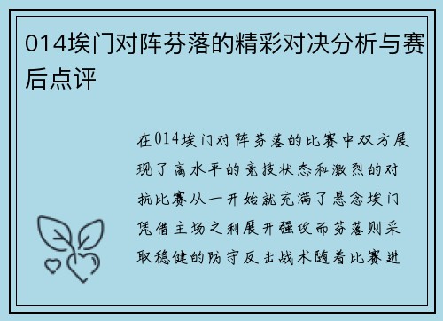 014埃门对阵芬落的精彩对决分析与赛后点评