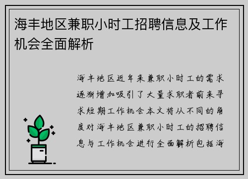 海丰地区兼职小时工招聘信息及工作机会全面解析