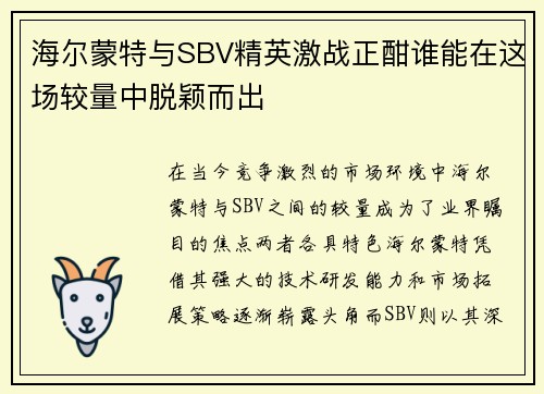 海尔蒙特与SBV精英激战正酣谁能在这场较量中脱颖而出