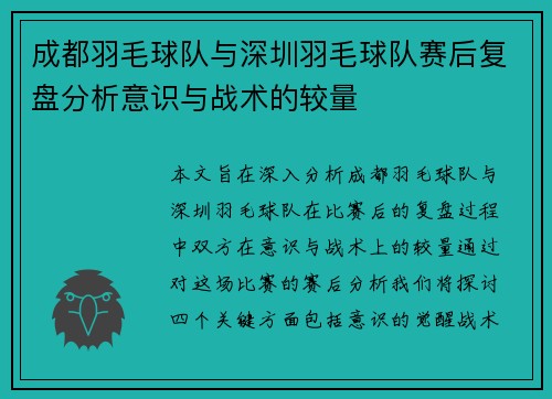 成都羽毛球队与深圳羽毛球队赛后复盘分析意识与战术的较量
