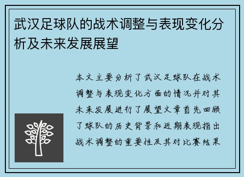 武汉足球队的战术调整与表现变化分析及未来发展展望