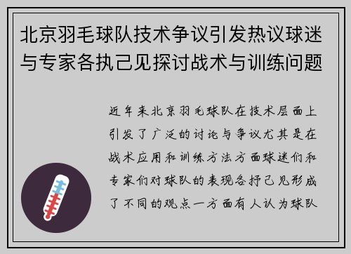 北京羽毛球队技术争议引发热议球迷与专家各执己见探讨战术与训练问题