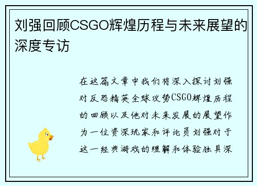 刘强回顾CSGO辉煌历程与未来展望的深度专访