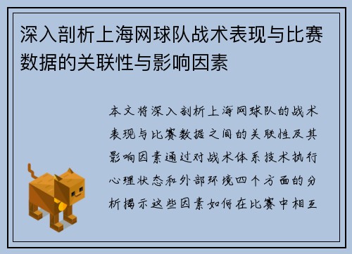 深入剖析上海网球队战术表现与比赛数据的关联性与影响因素