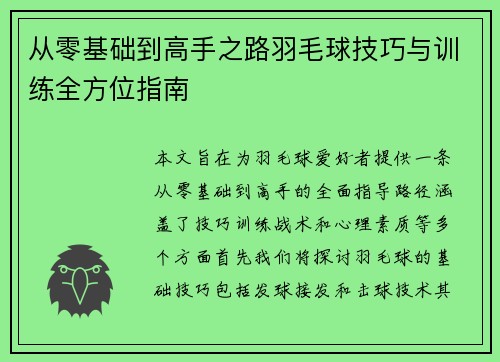 从零基础到高手之路羽毛球技巧与训练全方位指南