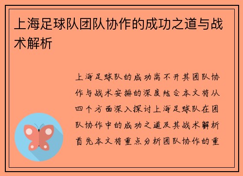上海足球队团队协作的成功之道与战术解析